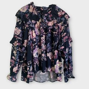Cupio Floral Print  Ruffle Front Peasant Blouse